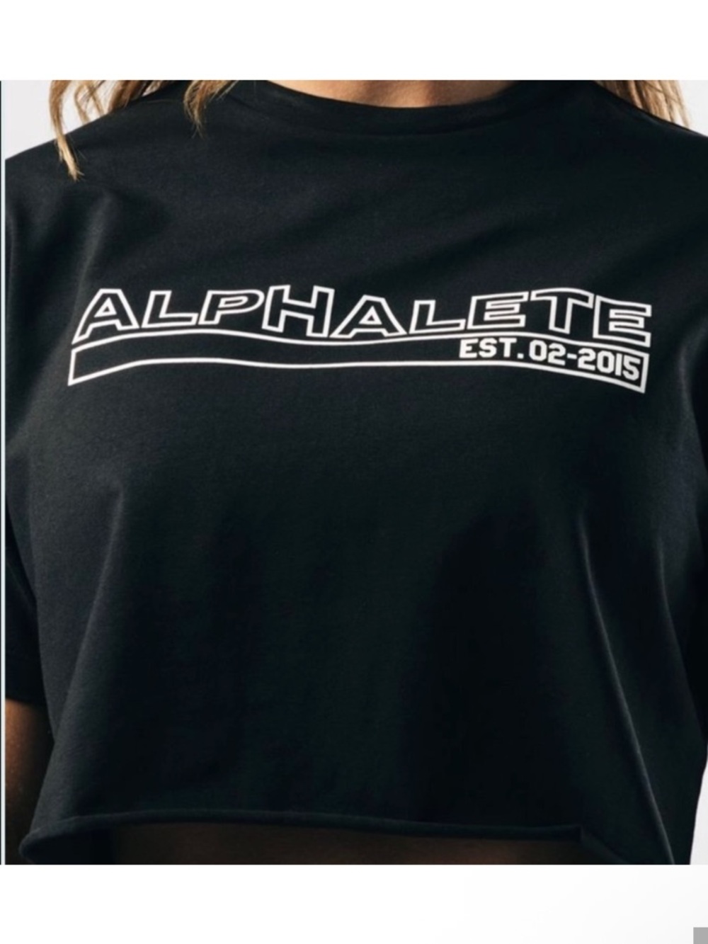 Alphalete Black Cropped Tee with White Outline Logo